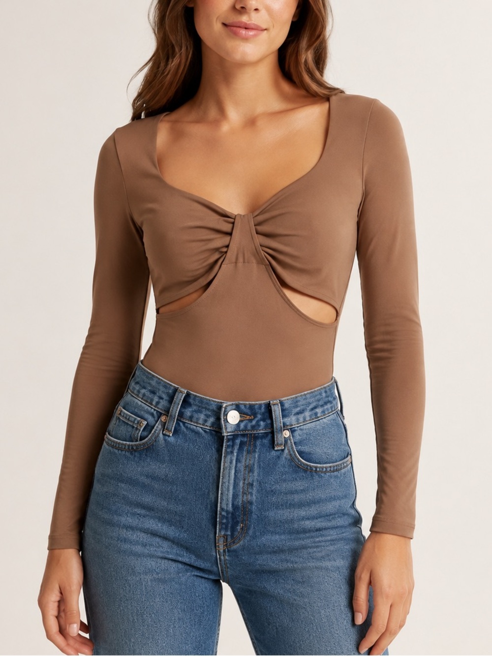NWT Abercrombie & Fitch Taupe Twist-Front Long Sleeve Bodysuit M
